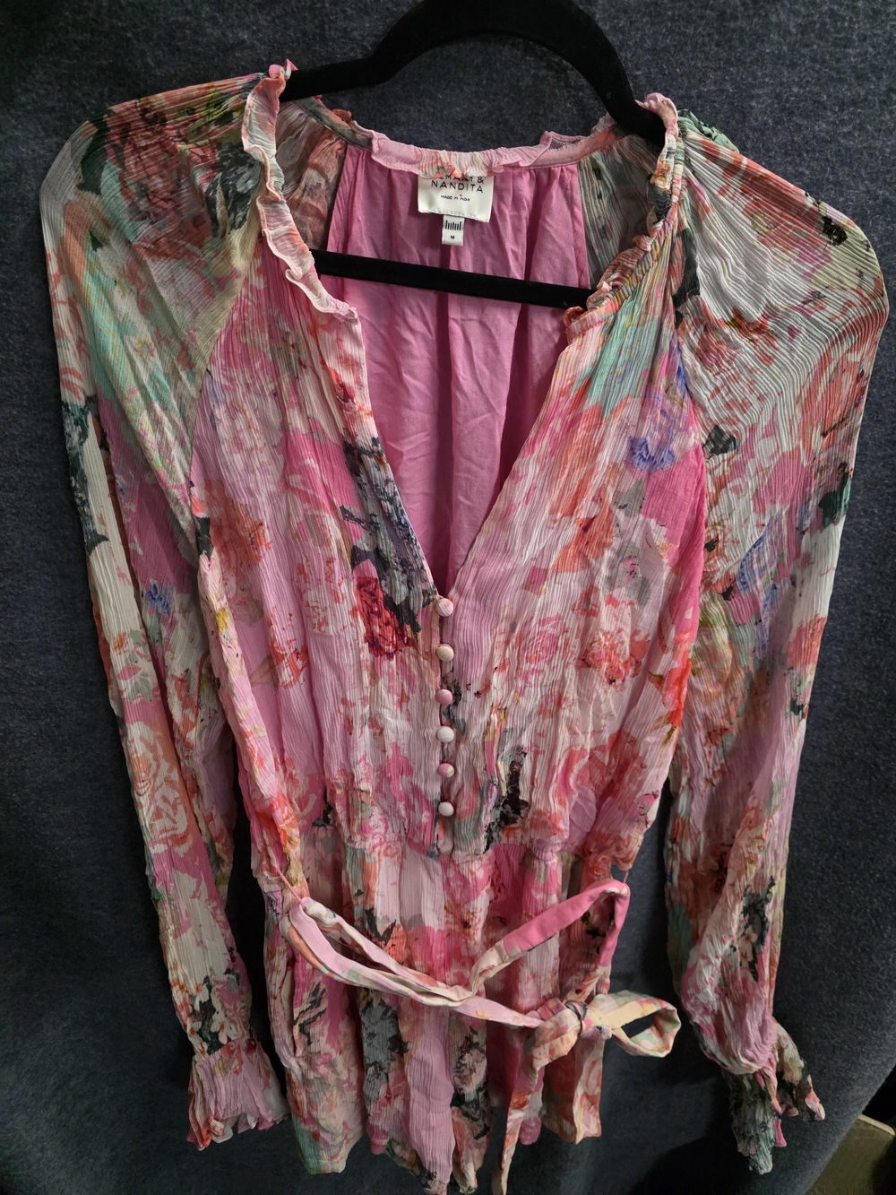 Floral Pink Long-Sleeve Button Front Women's Dress - Picture 2 of 7